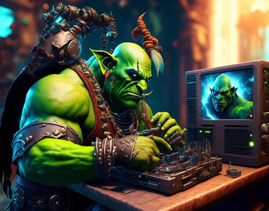 Orc repairing a computer