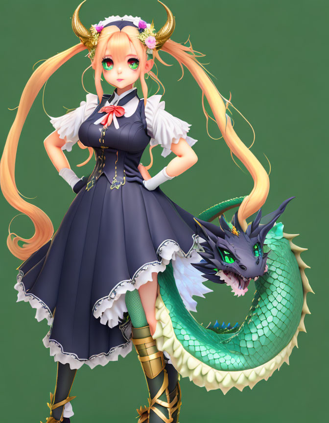 Blonde Anime Character in Maid Outfit with Green Dragon