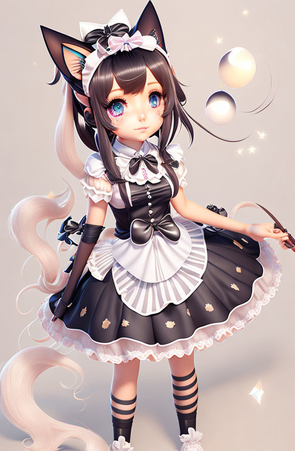 Anime-style illustration of a girl with cat ears in maid outfit holding a wand.