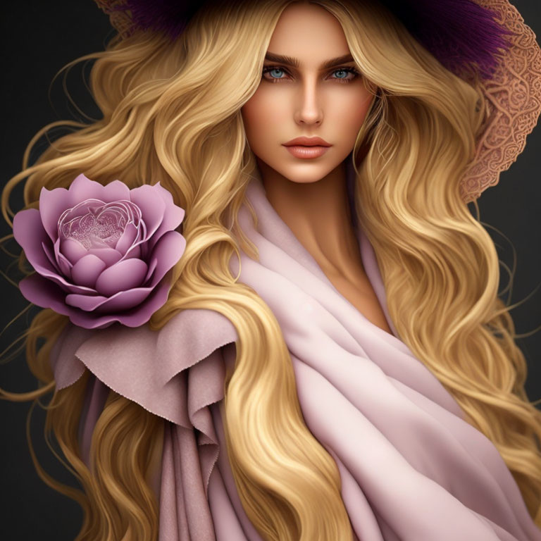 Digital portrait of woman with long blonde hair, blue eyes, mauve hat, scarf, and flower