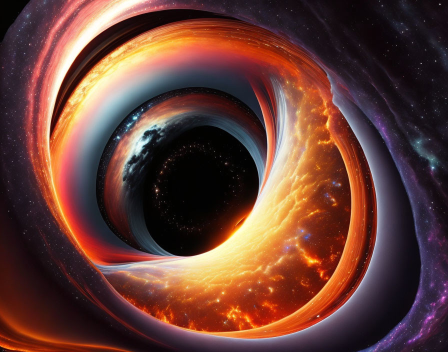 Detailed depiction of black hole warping spacetime with accretion disk and cosmic view.