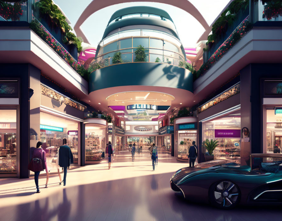 Modern shopping mall interior with vibrant lighting, glossy floors, green plants, & sleek car display.
