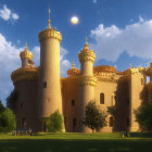 Majestic fairytale castle with golden towers amid lush gardens and comet in clear blue sky