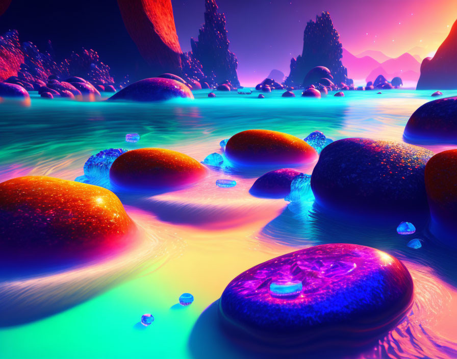 Colorful Glowing Rocks in Water on Alien Landscape