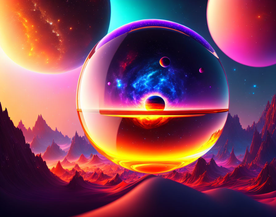Colorful digital artwork: alien landscape, crystalline mountains, multiple planets, surreal bubble structure