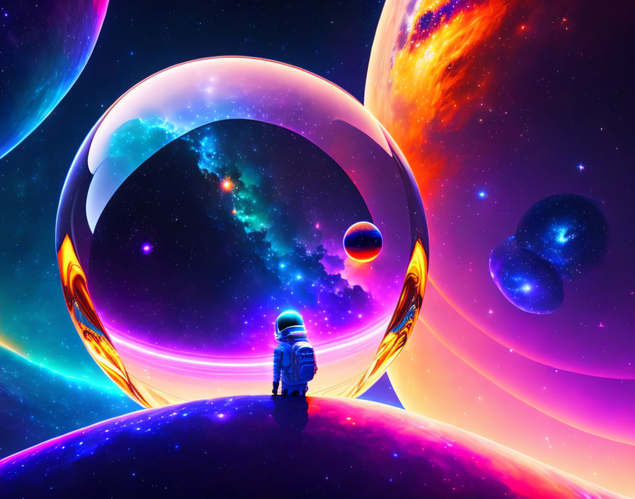 Astronaut in cosmic landscape with vibrant planets and glowing orbs