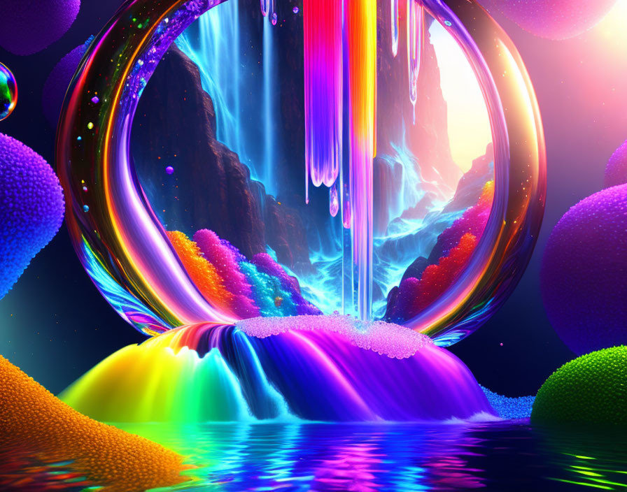 Colorful fantasy landscape with neon waterfall, circular portal, and textured spheres