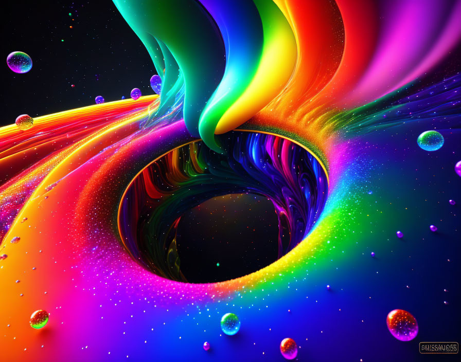 Colorful swirling vortex with reflective bubbles on dark starry background