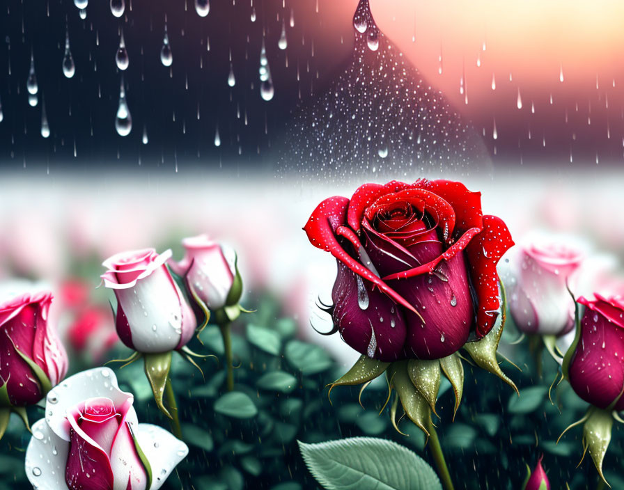 Vibrant red and white roses with water droplets in rain.