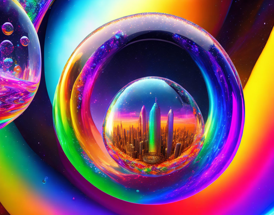 Colorful cosmic cityscape surrounded by swirling neon bubbles in starry space