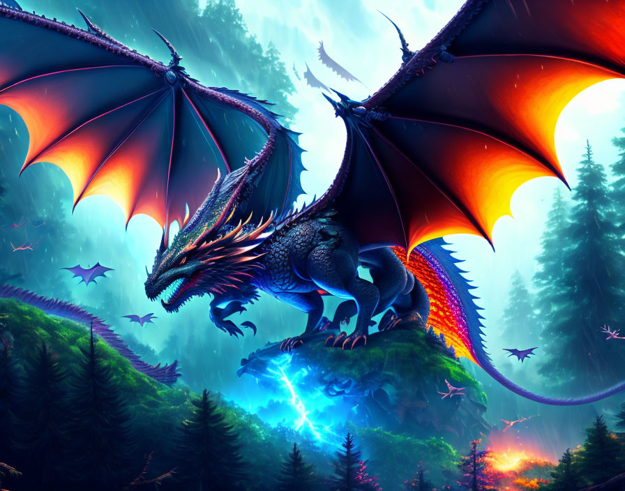 Majestic dragon with outstretched wings on forested hill under star-filled sky