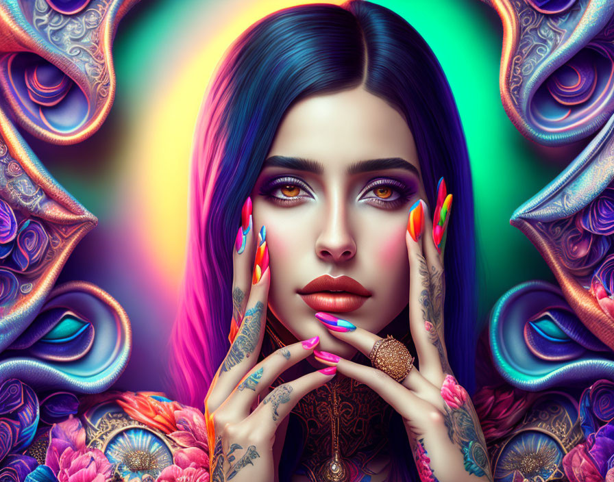 Colorful digital artwork of a woman with blue hair, rainbow nails, tattoos, and multicolored
