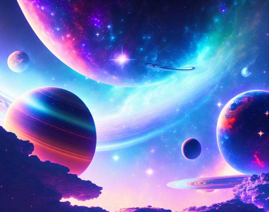 Colorful cosmic digital art with vibrant planets, nebulas, and stars.