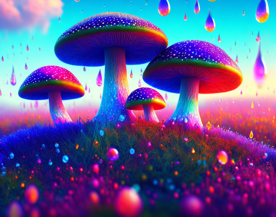 Fantasy landscape with oversized luminescent mushrooms and sparkling flora