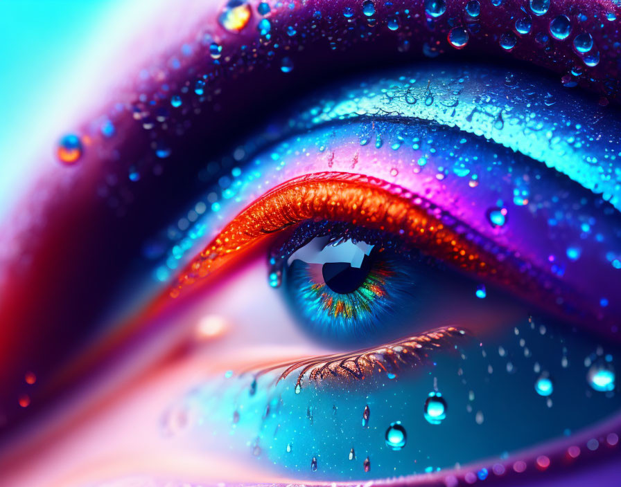 Vivid blue, purple, and orange eye makeup with water droplets