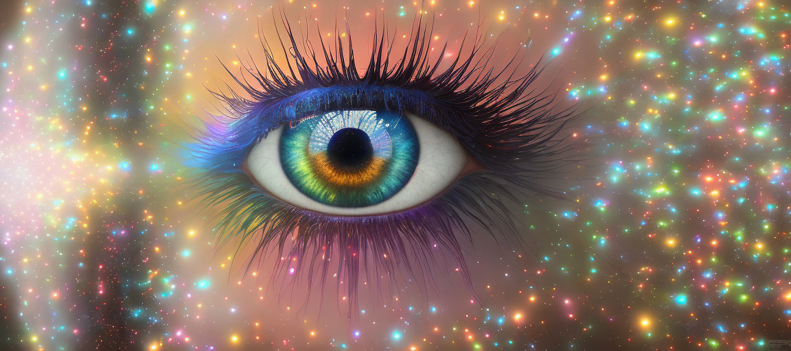 Vibrant blue eye with extended eyelashes on cosmic background