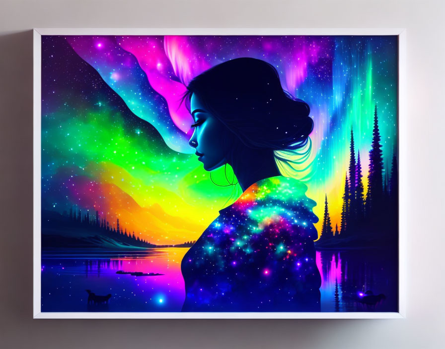 Framed Artwork: Woman's Silhouette in Cosmic Sky with Deer and Pine Trees