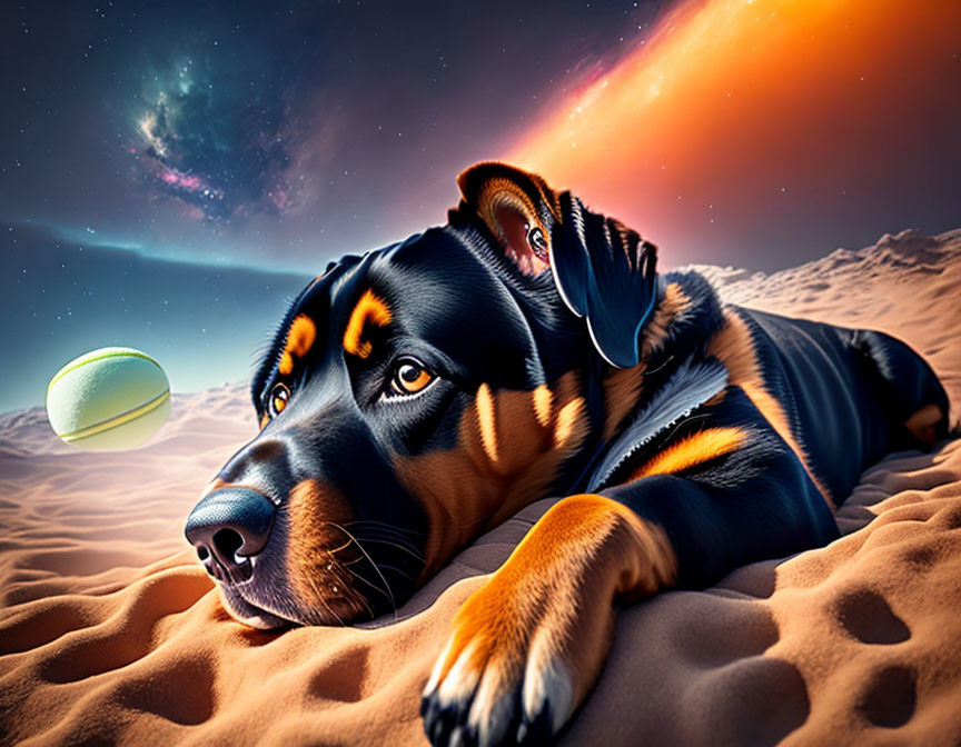 Digital artwork of dog on sandy terrain under surreal galactic sky