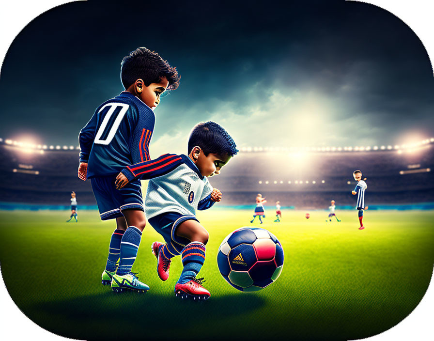 Two boys in soccer uniforms playing football on a pitch with stadium lights.