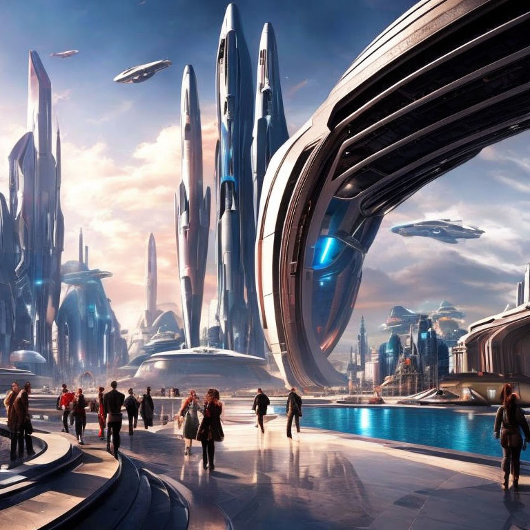 Futuristic cityscape with skyscrapers, flying vehicles, pedestrians, and water body.