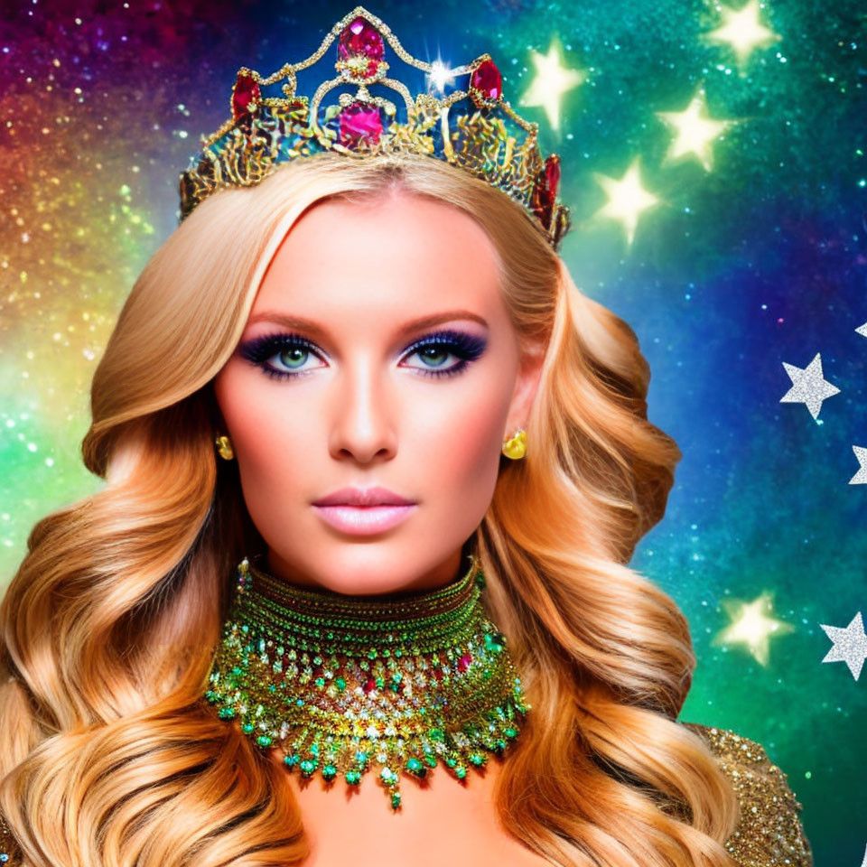 Woman with Crown and Glamorous Makeup on Colorful Starry Background