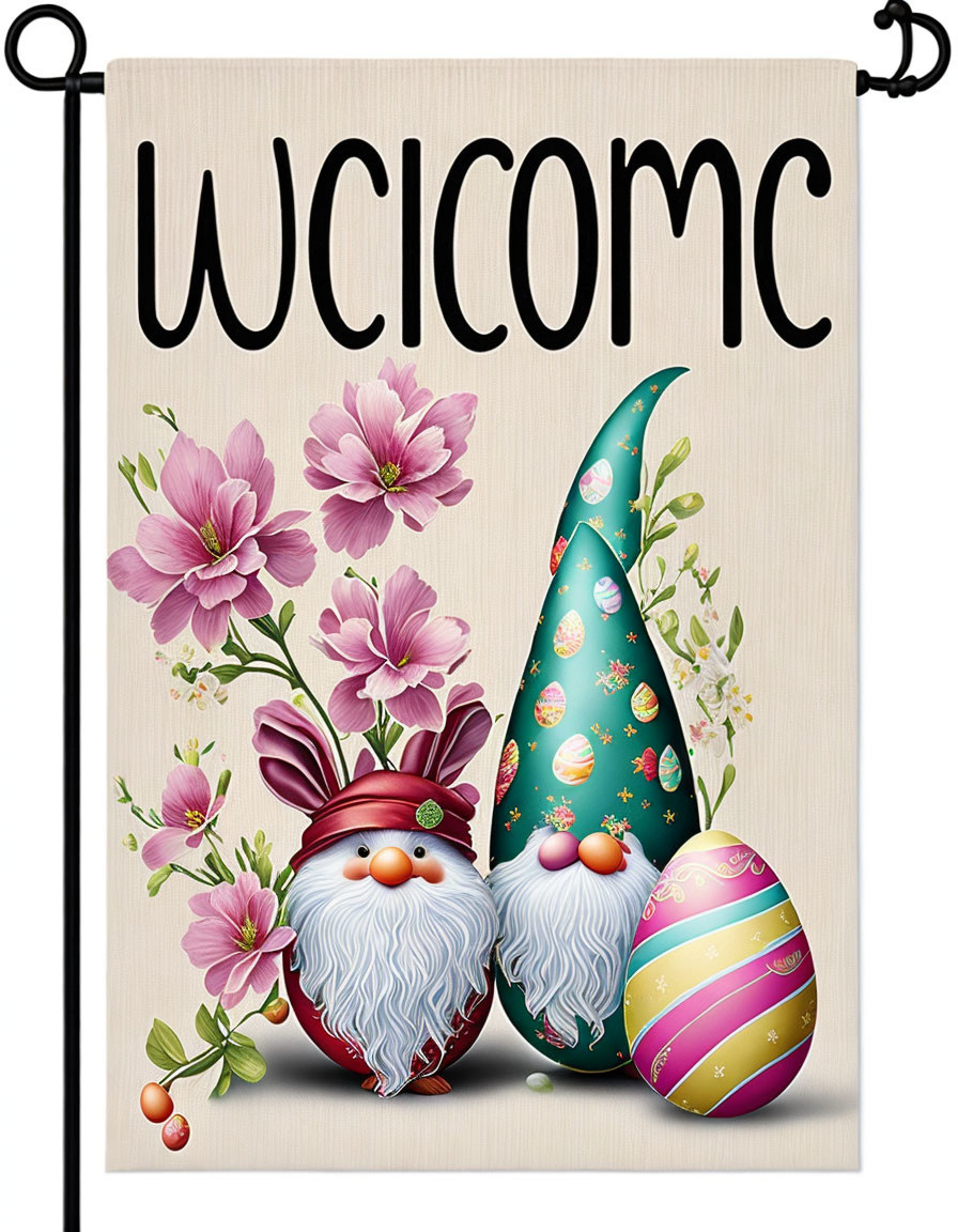 Colorful Easter Welcome Sign with Gnome Figures and Flowers