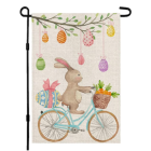 Colorful Cartoon Rabbits Garden Flag with Bicycle and Flowers