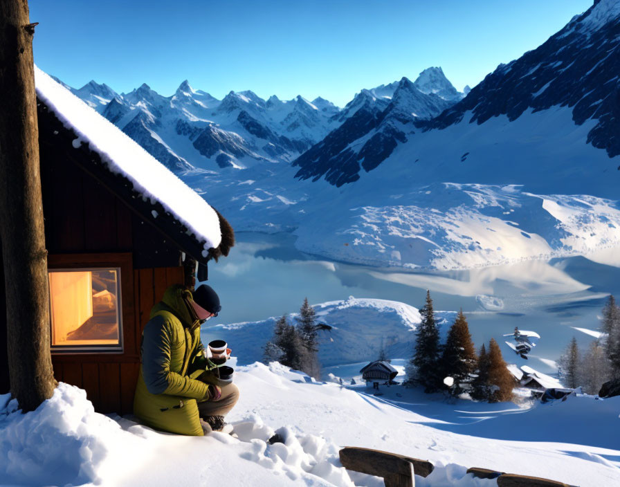 Person in warm jacket sitting by cabin with steaming cup, snowy mountains and frozen lake.