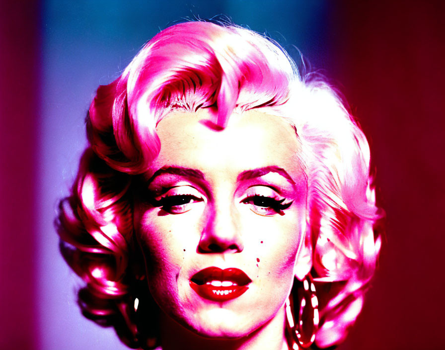 Vibrant portrait of a woman with platinum blonde hair and bold makeup on colorful backdrop