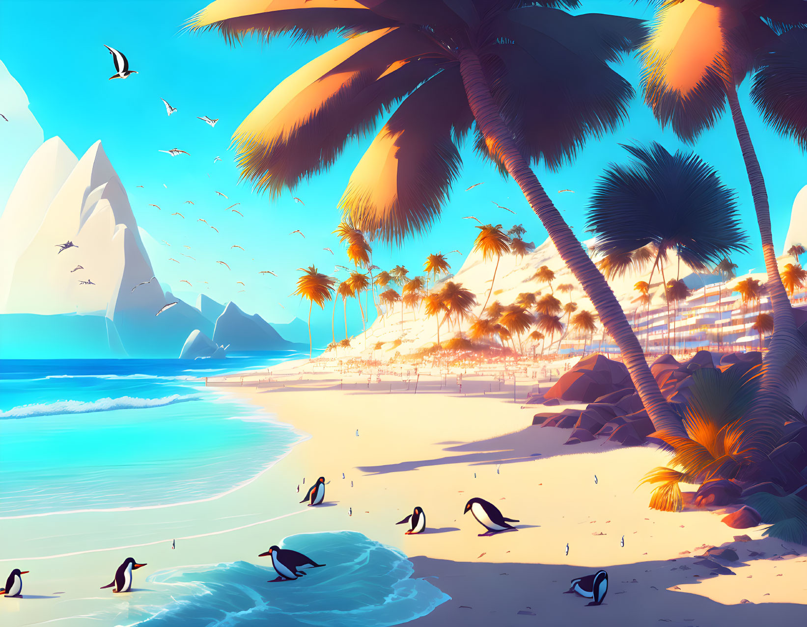 Tropical beach scene with palm trees, penguins, clear water, mountains, birds, and sunlight