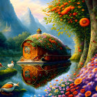 Colorful painting of traditional houseboat on calm river with lush landscapes.