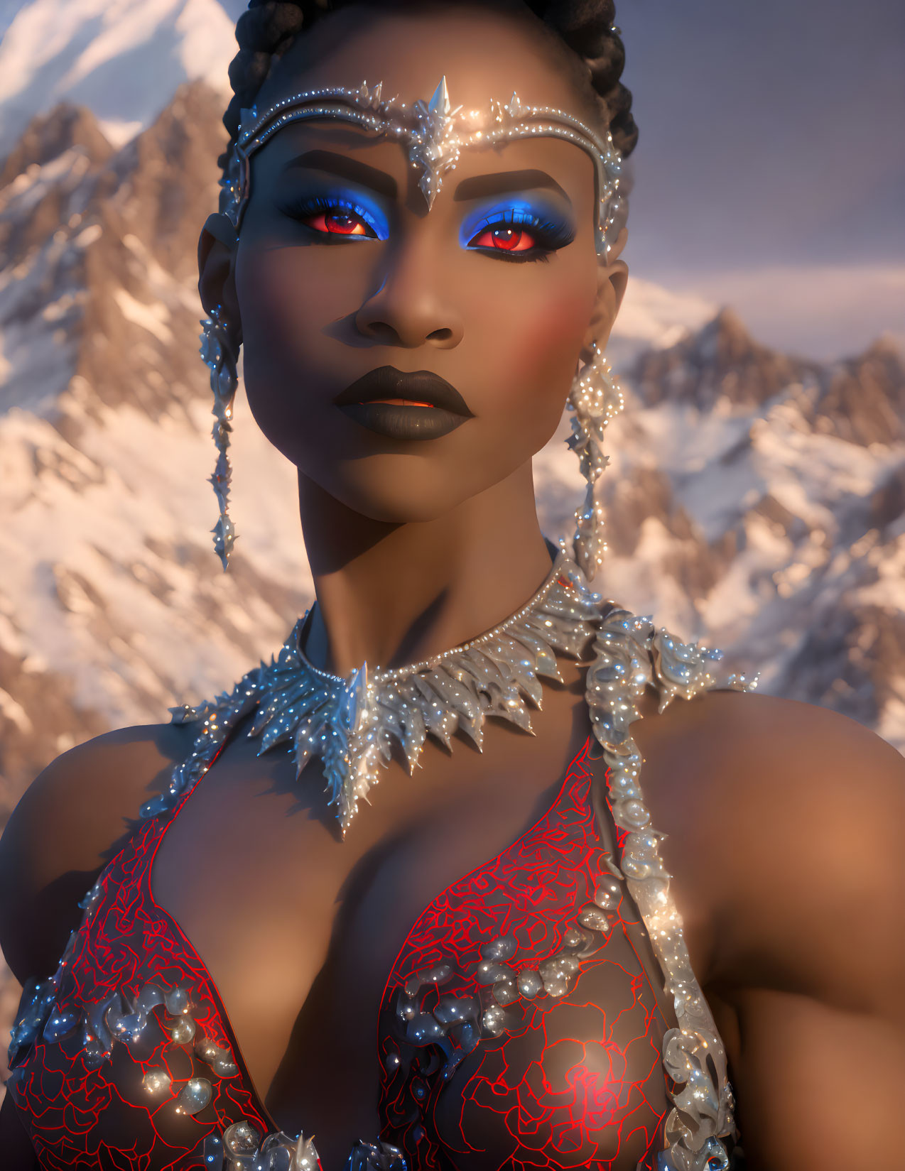 Digital portrait of woman with striking jewelry and makeup in snowy mountain backdrop