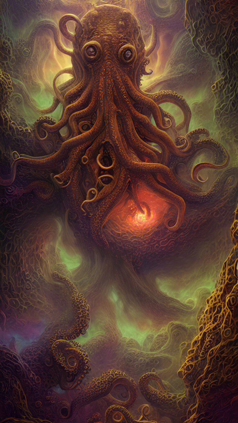Detailed octopus with glowing eyes in mystical nebula.