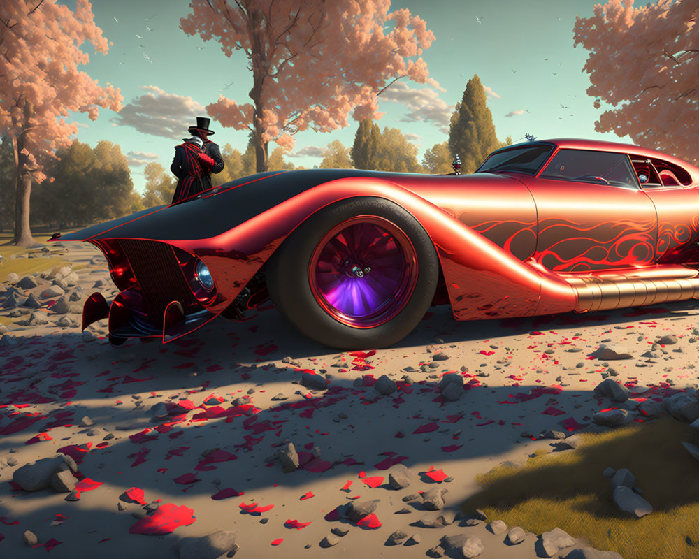 Sleek Red Futuristic Car with Purple Wheels in Autumn Landscape