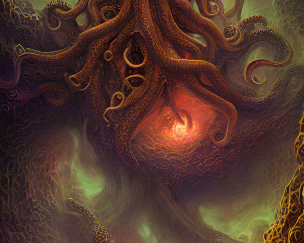 Detailed octopus with glowing eyes in mystical nebula.