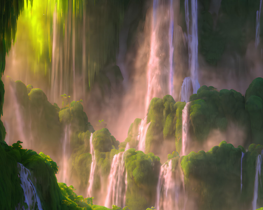 Mystical waterfall scene with vibrant greenery and luminous glow