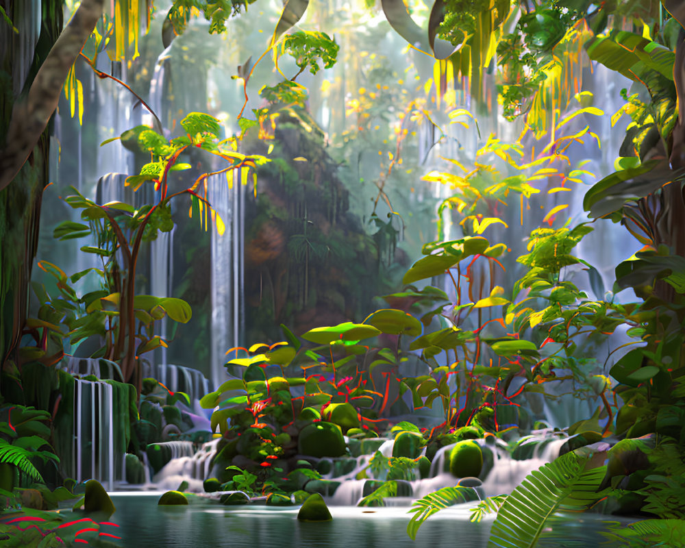 Vibrant Jungle with Cascading Waterfalls and Serene River
