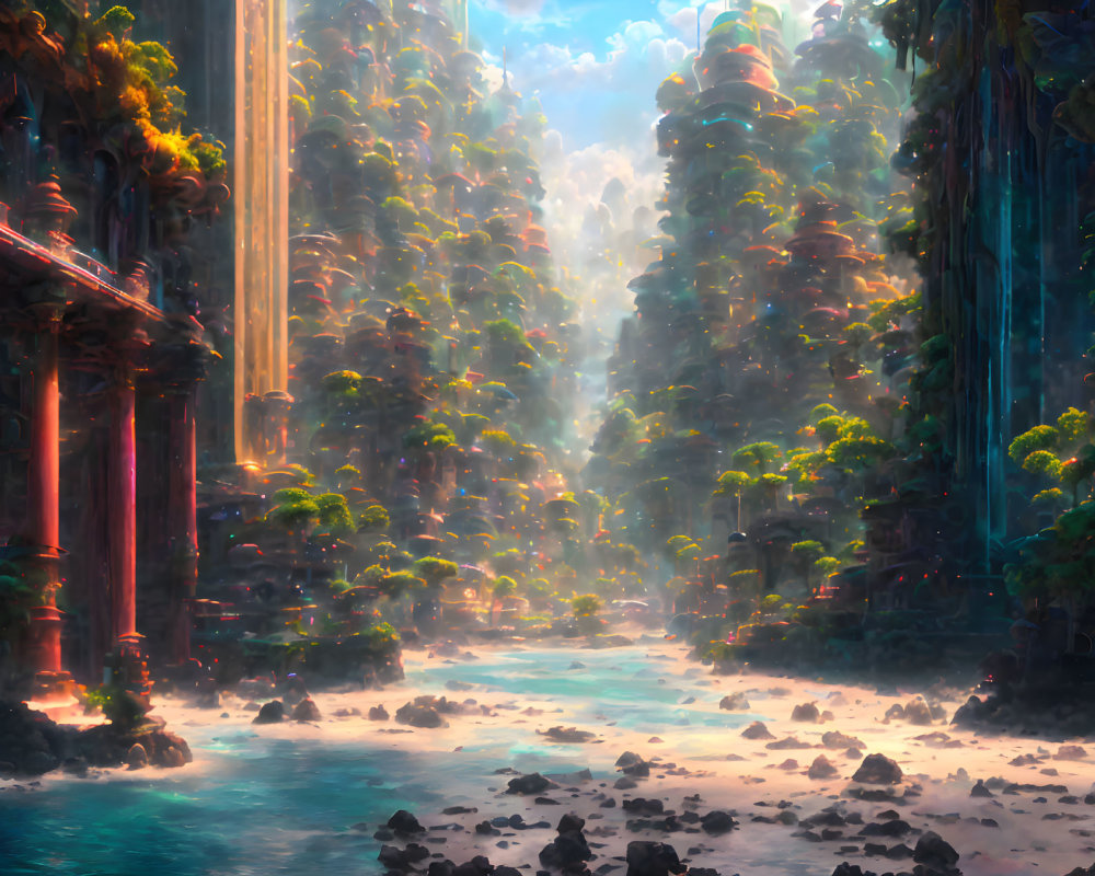 Mystical Forest with Towering Trees and Ancient Ruins