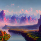 Fantasy landscape with rock formations, river, forests, and pastel sky