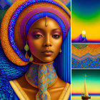 Colorful digital artwork of woman with blue and gold headwear and jewelry amid intricate patterns and abstract landscapes