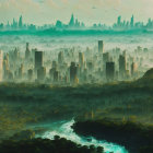 Futuristic cityscape with mist, skyscrapers, forest, and glowing river