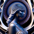 Stylized digital artwork of woman profile with intricate patterns and cosmic background