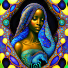 Colorful Psychedelic Portrait of Woman with Blue Tones and Fish Motif