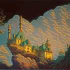 Fantastical Castle with Spired Clifftop Surrounded by Golden and Orange Clouds