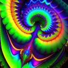 Colorful spiraling fractal art with green to blue gradient and intricate peacock feather details.