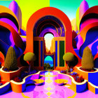 Colorful 3D rendering of fantasy landscape with archways, hills, cacti, and