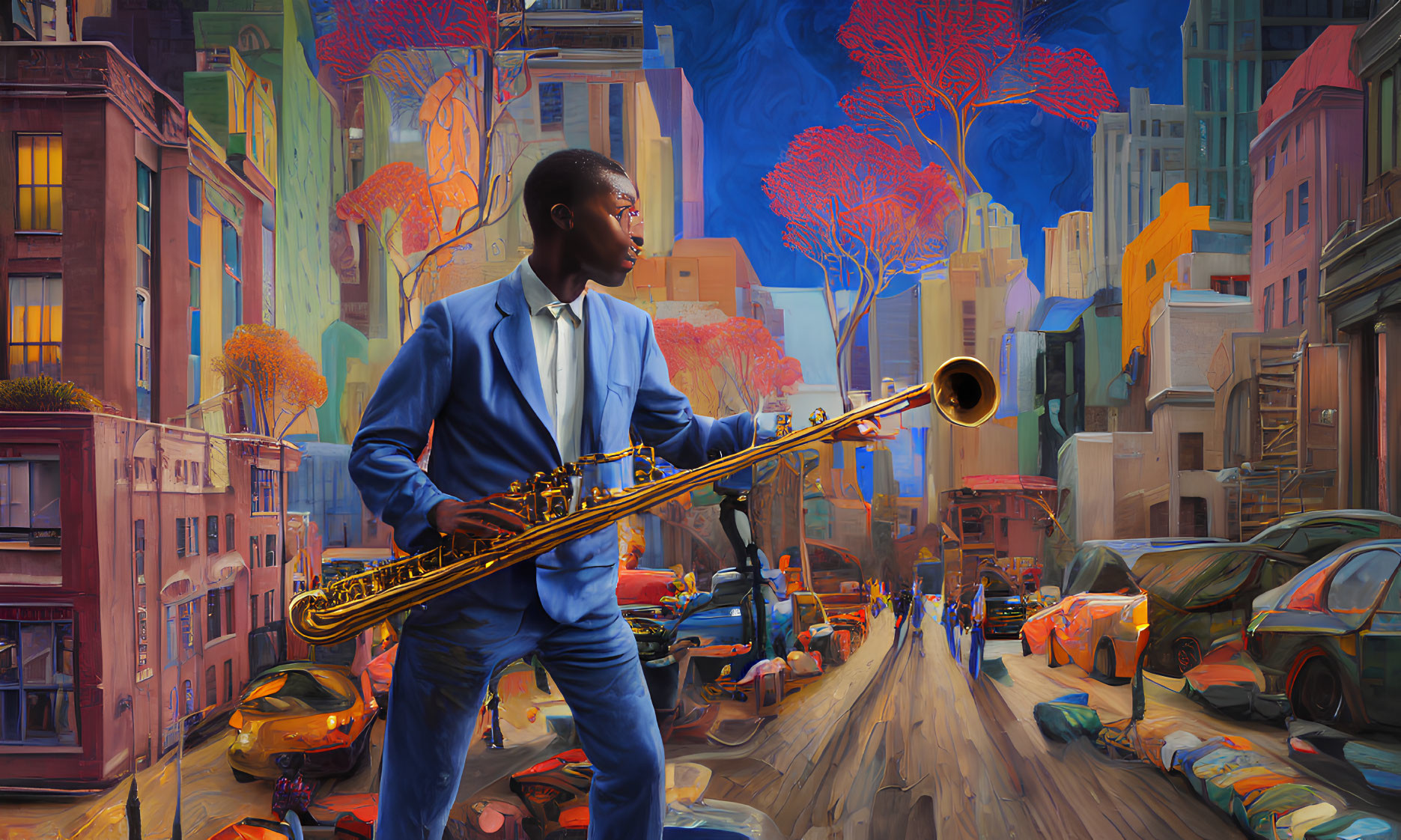 Man in Blue Suit Playing Saxophone on Vibrant City Street