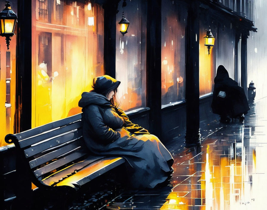 Person sitting on bench in rainy night street with shimmering reflections and walking figure