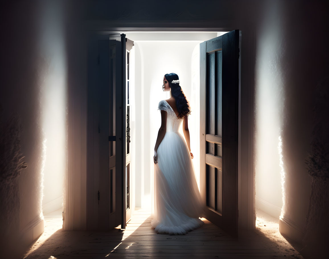 Silhouetted Bride Standing at Open Doorway in Dimly Lit Room