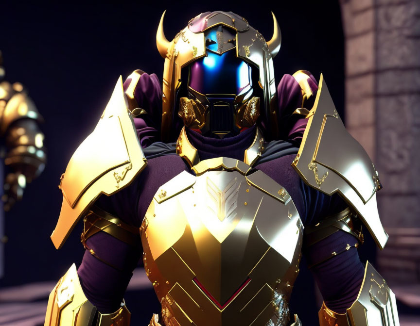 Futuristic knight in golden armor with glowing blue visor against castle backdrop